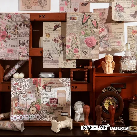 Ensemble de Papier de Matériel Scrapbook Vintage Série Sablier Retro Floral Papillon DIY Journalisation Papier de Fond Décoratif
