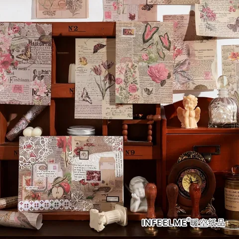 Set de Papel de Material para Scrapbook Vintage Serie Reloj de Arena Retro Floral Mariposa DIY Diario Papel de Fondo Decorativo