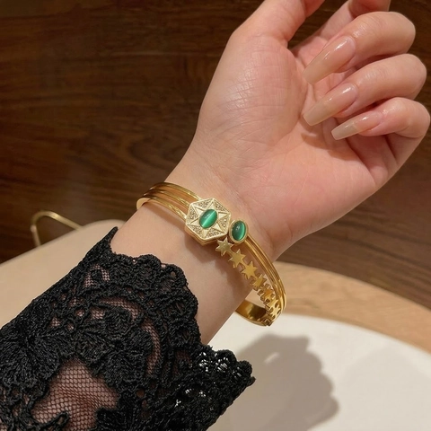 Vintage Edelstahl Armreif Damen Smaragdgrünes Katzenauge Goldfarben Unregelmäßiges Hexagon Pentagramm Stern Armband