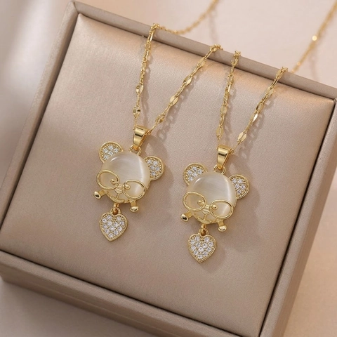 Stainless Steel Mouse Pendant Necklace For Women With Cat Eye Stone And Rhinestone Heart Gold Plated Fashion Chain Jewelry
