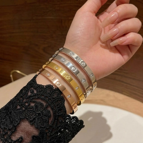 Bracciale Rigido In Acciaio Inossidabile Con Design A Quadrifoglio E Cuore Strass Incastonati Gioielli Di Moda Per Donna