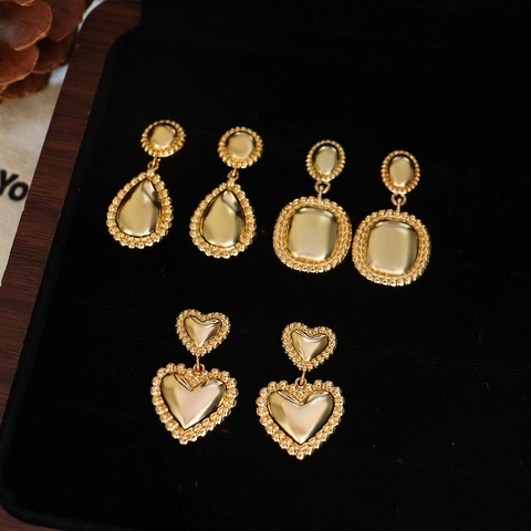 Vintage Gold Brass Geometric Drop Earrings With 925 Sterling Silver Earring Post Heart Teardrop Square Jewelry For Women