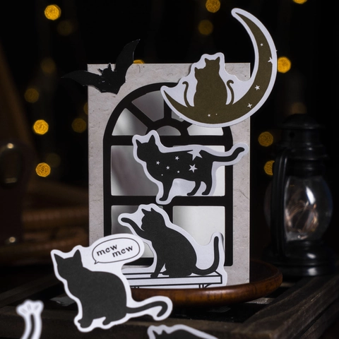 Retro Writing Paper Cat Silhouette Stickers Moon Star Bat Designs For DIY Journaling Scrapbooking Halloween Decoration