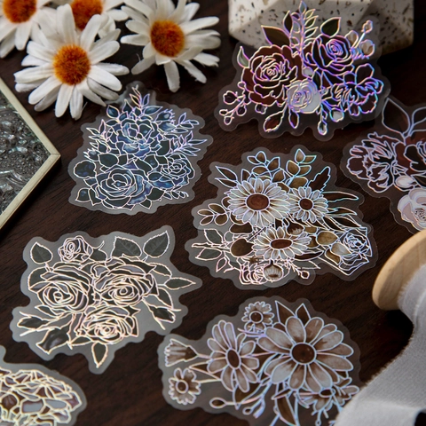 Adesivi Floreali Vintage in PET per Scrapbooking Tema Fiori Scuri Argento Laser Rosa Impermeabile Materiale Decorativo Diario