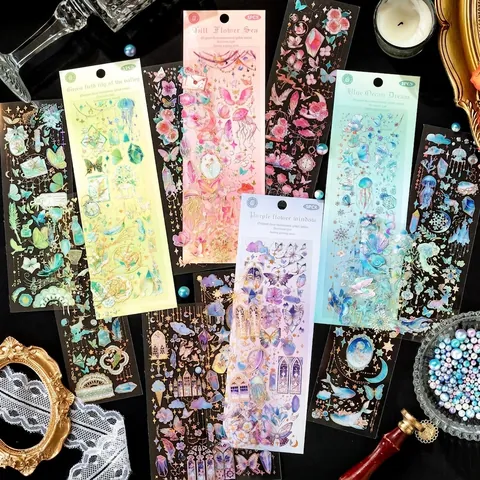 Adesivi in PET Dorati 3D Vintage Floreali Farfalla Trasparenti Impermeabili Decalcomanie Decorative Per Journaling Fai Da Te Scrapbooking