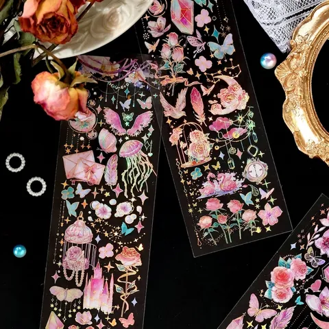 Adesivi in PET Dorati 3D Vintage Floreali Farfalla Trasparenti Impermeabili Decalcomanie Decorative Per Journaling Fai Da Te Scrapbooking