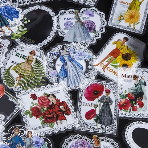 Pegatinas PET de Encaje de Baile de Ballet Vintage para Scrapbooking Diario DIY Collage Decorativo Flores y Figuras