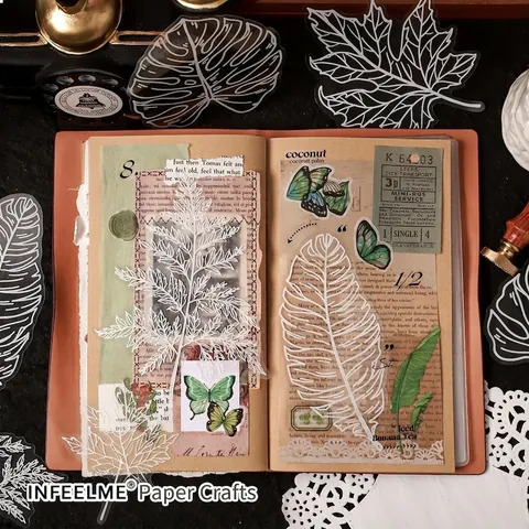 Retro PET Transparante Decoratieve Stickers Botanische Vlinder Witte Inktdruk Stickers Voor Scrapbooking DIY Journaling Materiaal