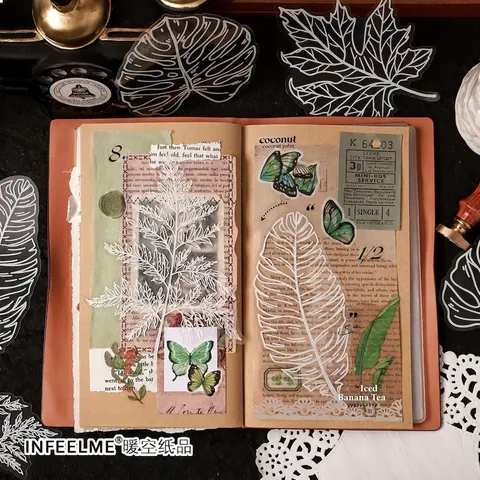Retro PET Transparent Decorative Stickers Botanical Butterfly White Ink Printing Stickers For Scrapbooking DIY Journaling Material