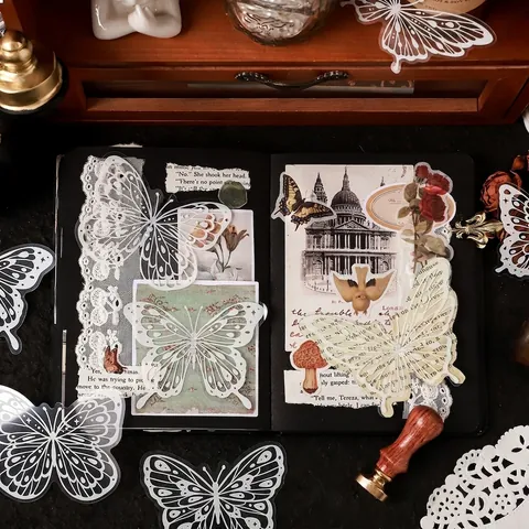 Retro PET Transparent Decorative Stickers Botanical Butterfly White Ink Printing Stickers For Scrapbooking DIY Journaling Material
