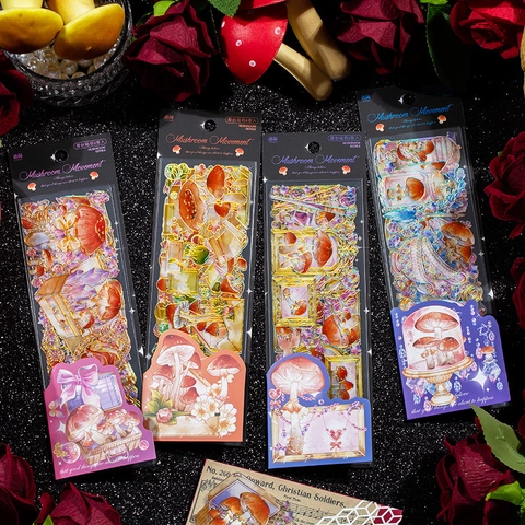 Adesivi in PET Retro Funghi Serie Mushroom Movement Stampa a Freddo Laser Decalcomanie Decorative per Scrapbooking Journaling DIY