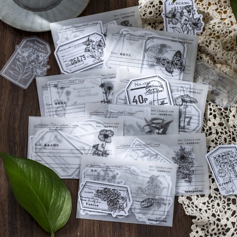 Pegatinas Plantas Vintage Garden Diary Papel Washi Vellum Flores Blanco Negro Hongos DIY Decoración de Diario
