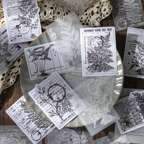 Pegatinas Plantas Vintage Garden Diary Papel Washi Vellum Flores Blanco Negro Hongos DIY Decoración de Diario