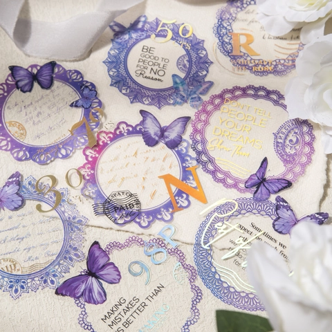 Vintage PET Butterfly Lace Stickers Laser Gold Stamping Decorative Scrapbooking Journaling DIY Art Stationery Sticker Set
