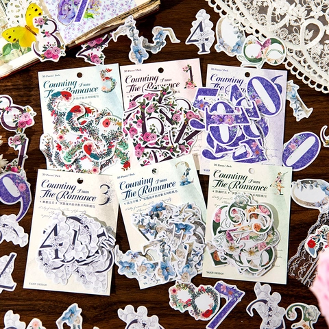 30Pcs Vintage Floral Number Washi Paper Stickers Nordic Style DIY Scrapbooking Journal Decorative Aesthetic Stationery Stickers