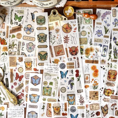 Vintage Washi Paper Stickers Butterfly Plant Floral Deco Stickers For Scrapbooking DIY Journaling Art Craft Retro Decor