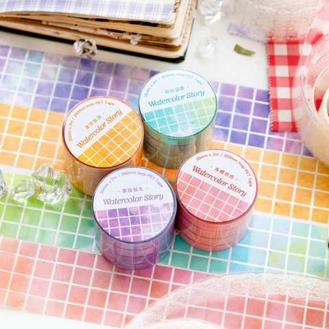 Nastro PET Storia Acquerello Nastro Washi Decorativo con Motivo a Griglia e Pizzo per Scrapbooking Diario Artigianato Fai da Te Cancelleria