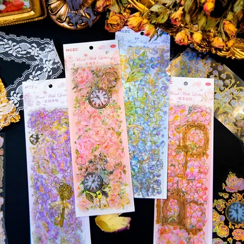 Adesivi Floreali in PET Vintage Bronzatura Cornice per Fiori Retro Orologio per Scrapbooking Fai da Te Decorazione Diario