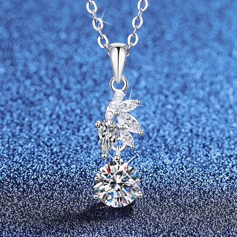 Elegante Collana con Ciondolo a Foglia in Argento Sterling 925 per Donna Gioielli in Scintillante Moissanite e Perla Artificiale con Certificato GRA
