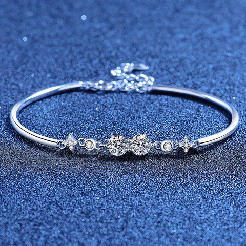 925 Sterling Silver Moissanite Bracelet For Women Adjustable Minimalist Elegant Twin Star Sparkling Bangle Jewelry Anniversary Gift