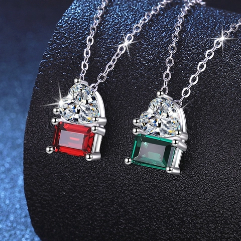 Collana in Argento Sterling 925 con Moissanite Ciondolo a Cuore Smeraldo Rubino di Laboratorio Gioielli Eleganti da Donna Regalo