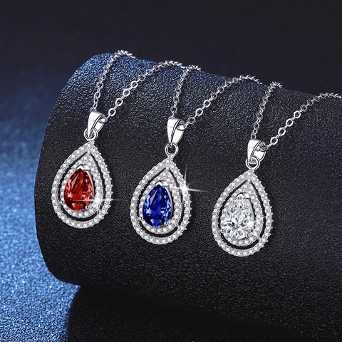 Collana con Ciondolo a Goccia in Argento Sterling 925 Donna Smeraldo Rubino Zaffiro Creato in Laboratorio Moissanite
