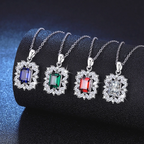 S925 Sterlingsilber Moissanit Anhänger Halskette Im Labor Gezüchtete Smaragd Rubin Saphir Rechteckiger Geometrischer Schmuck Für Damen