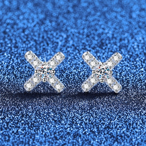 Elegantes Pendientes de Botón de Moissanita en Forma de X de Plata de Ley 925 Moissanita Color D Joyería Minimalista Mujer