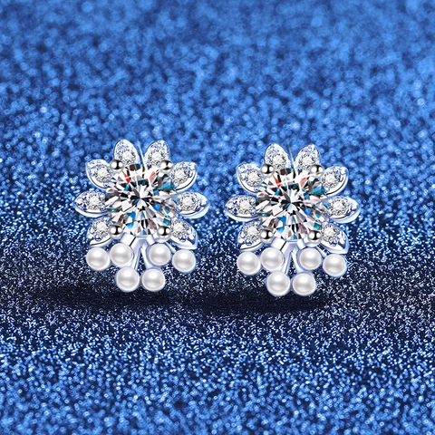 Pendientes de Botón de Plata de Ley 925 Moissanita Flor Con Perla Artificial Joyería de Simple Temperamento Para Mujer Regalo de Boda
