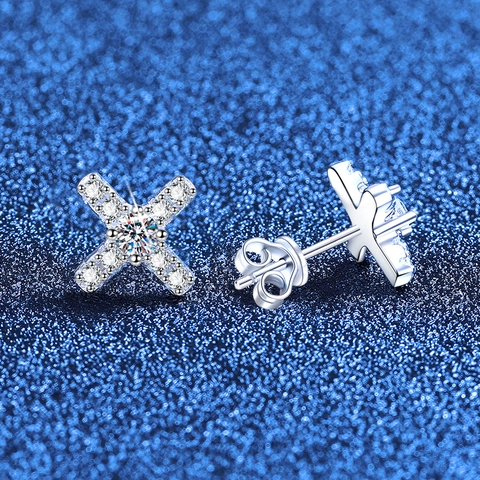 Elegantes Pendientes de Botón de Moissanita en Forma de X de Plata de Ley 925 Moissanita Color D Joyería Minimalista Mujer