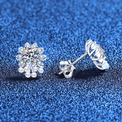 Pendientes de Botón de Plata de Ley 925 Moissanita Flor Con Perla Artificial Joyería de Simple Temperamento Para Mujer Regalo de Boda
