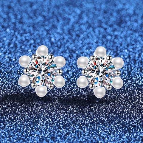 Pendientes de Botón de Flor de Plata de Ley 925 Moissanita Perla Artificial Joyas Elegantes Minimalistas para Mujer Regalo
