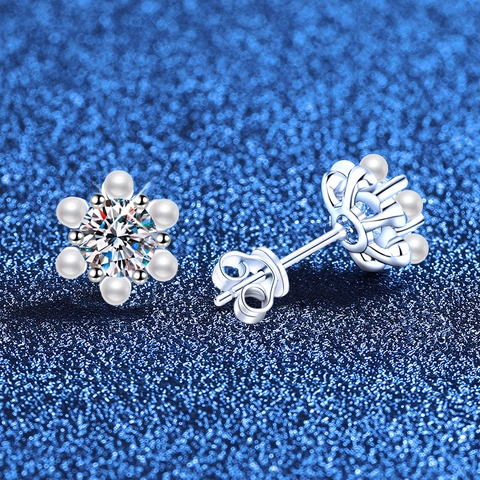 Pendientes de Botón de Flor de Plata de Ley 925 Moissanita Perla Artificial Joyas Elegantes Minimalistas para Mujer Regalo