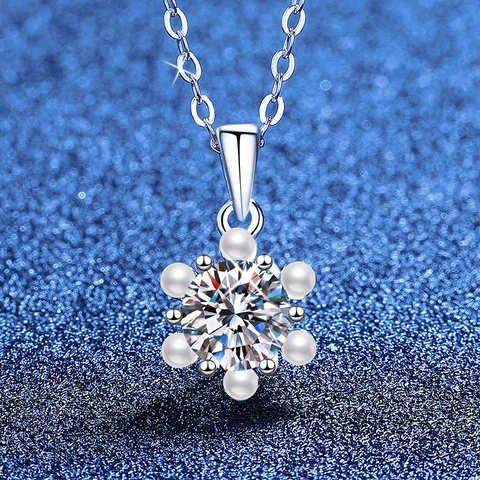 Κολιέ Μενταγιόν Νιφάδα Χιονιού από Ασήμι 925 Μοϊσανίτης Με Λεπτομέρειες Τεχνητών Μαργαριταριών Κοσμήματα Γυναικεία