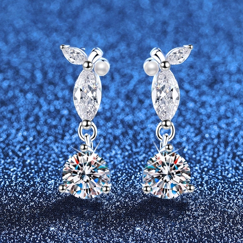 Eleganti Orecchini a Pendente in Argento Sterling 925 Moissanite per Donna Orecchini Pendenti a Forma di Foglia con Perla Artificiale
