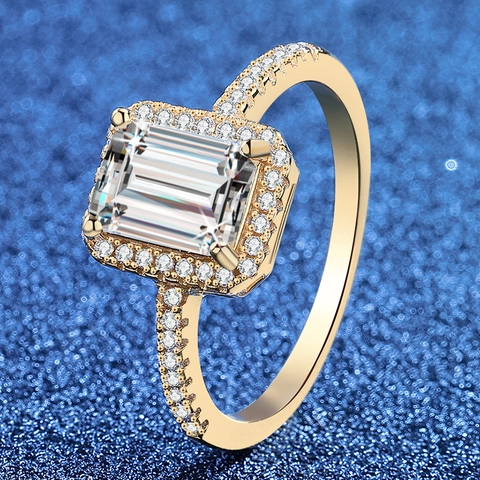 Emerald Cut Moissanite Ring 925 Sterling Silver For Women Gold Plated Halo Wedding Band Luxurious Jewelry Finger Ring