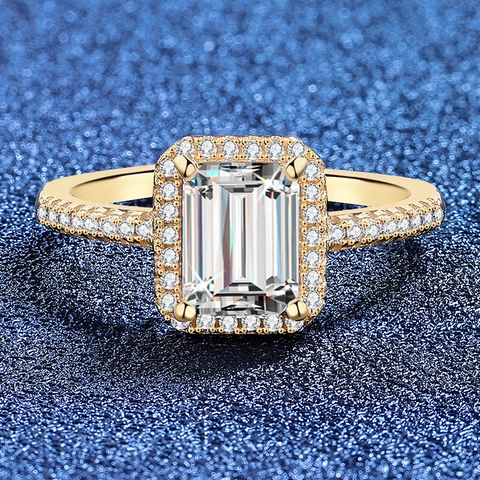 Emerald Cut Moissanite Ring 925 Sterling Silver For Women Gold Plated Halo Wedding Band Luxurious Jewelry Finger Ring