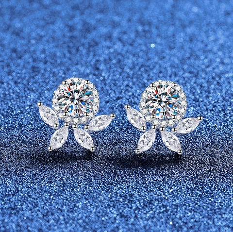 Pendientes de Botón de Flor de Moissanita en Plata de Ley 925 para Mujer Joyas Elegantes de Strass con Incrustaciones Florales