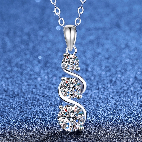Collar con Colgante de Moissanita de Plata de Ley S925 para Mujer Elegante Tres Piedras Curva en S Graduado Strass Corte Redondo Joyería Regalo