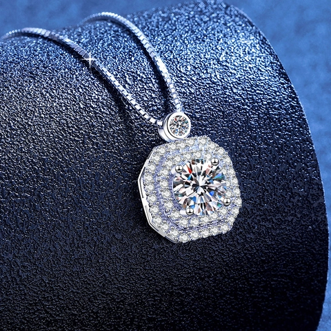 Elegant 925 Sterling Silver Moissanite Pendant Necklace For Women Shiny Geometric Octagon Double Halo Sparkling Box Chain Jewelry