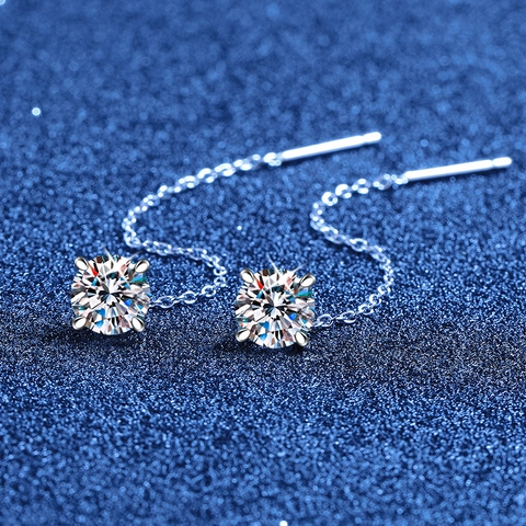 Elegantes Pendientes de Hilo de Plata de Ley 925 con Moissanita para Mujer Minimalistas Redondos Corte Brillante Engaste de Cuatro Garras