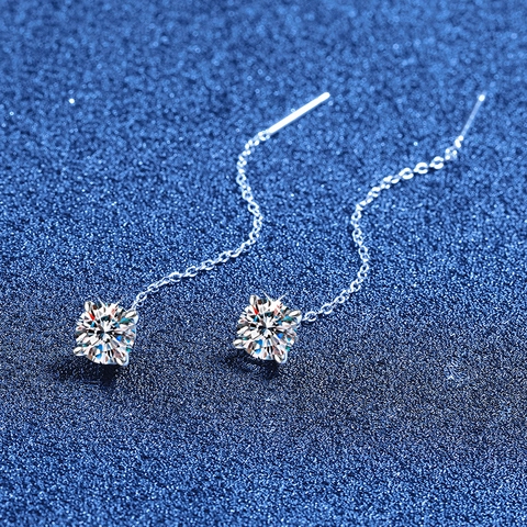 Elegantes Pendientes de Hilo de Plata de Ley 925 con Moissanita para Mujer Minimalistas Redondos Corte Brillante Engaste de Cuatro Garras
