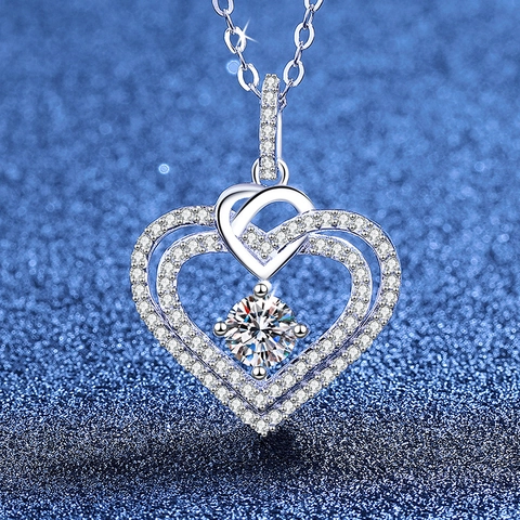 Collar de Colgante de Corazón de Moissanita Plata de Ley 925 Collar de Doble Corazón para Mujer Joyería Fina Regalo