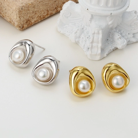 Pendientes de Botón de Plata de Ley 925 con Perlas de Agua Dolce Mujer Retro Francés Irregular Ovalado Geométrico Joyería Minimalista