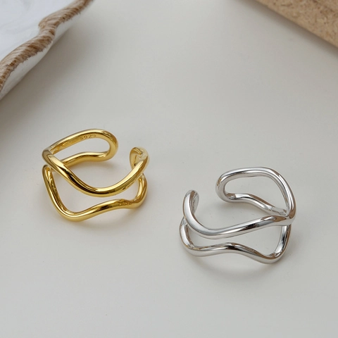 925 Sterling Silver Irregular Curve Double Layer Open Ring Niche Design Minimalist Wavy Line Adjustable Finger Ring For Women Jewelry
