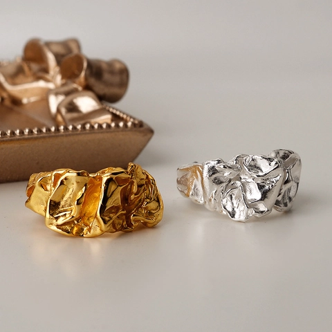 Anillo Abierto de Plata de Ley 925 con Textura Arrugada Irregular Minimalista Ajustable Joyería de Moda para Mujer