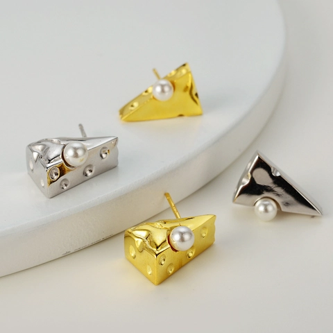 Pendientes de Botón Creativos con Forma de Queso con Poste de Plata de Ley 925 Perla Artificial Joyería de Comida para Mujer