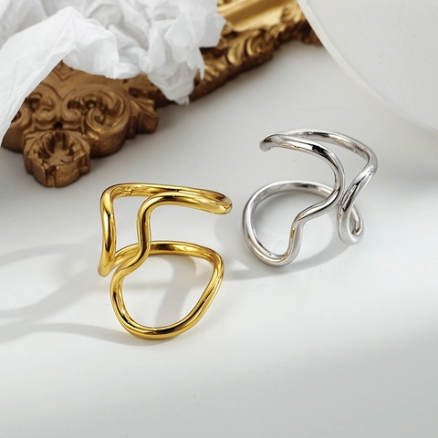 Anillo Abierto de Plata de Ley 925 Minimalista para Mujer Línea Geométrica de Onda Irregular Anillo Ajustable Joyería