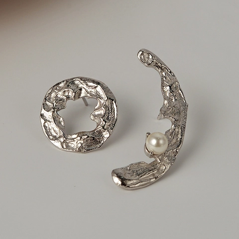 Orecchini a Bottone Asimmetrici Sole Luna in Argento Sterling S925 Trama Lava Irregolare Perla Artificiale Gioielli Minimalisti Donna