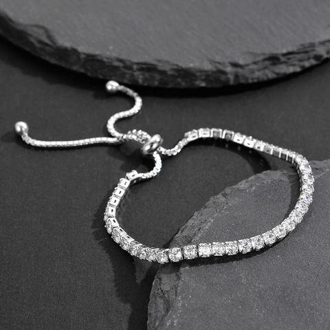Semplice Bracciale Tennis in Argento Sterling 925 Per Donna Scintillante Strass Intarsiato Regolabile Scorrimento Catena Gioielli